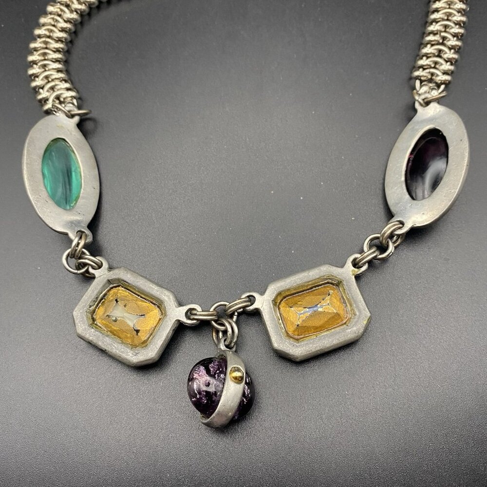 Chainmail Choker Bold Faceted Glass Bezel Gems Silver Tone Toggle 16" Necklace - Picture 8 of 9